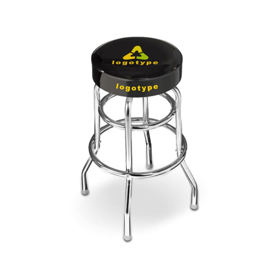A black barstool with a chrome base and a logo on the seat. Ideal for home or living spaces.