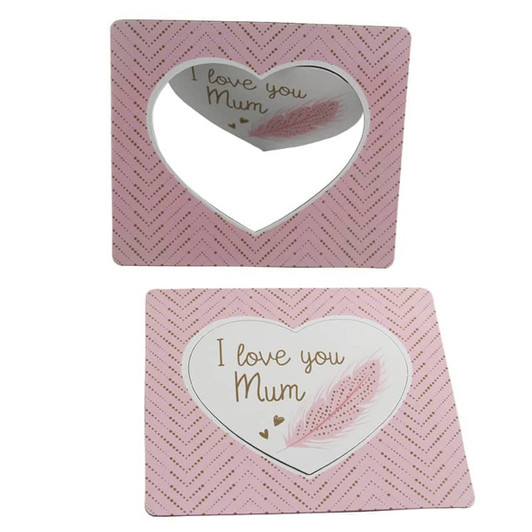 A heart-shaped mirror with a pink chevron pattern, featuring the words "I love you Mum" inside.