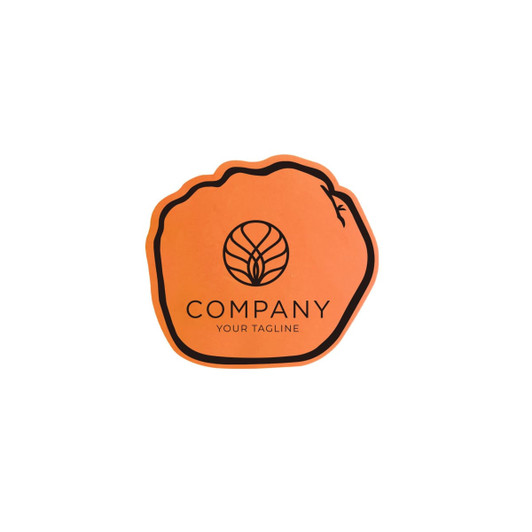 An orange foam mitt with a logo and text, featuring a rounded shape.