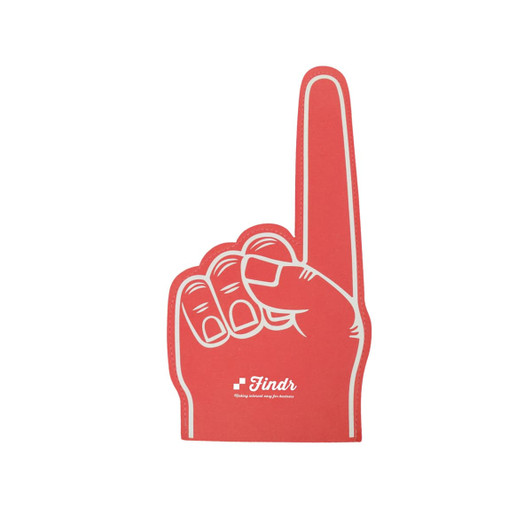 A giant foam hand in red, shaped like a raised hand with one finger pointing up, featuring a logo at the base.