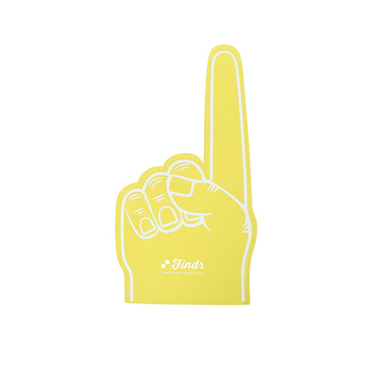 A giant foam hand in bright yellow, shaped like a raised finger, featuring a logo on the bottom.