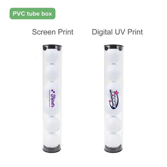 A PVC tube box containing six white golf balls, featuring screen print and digital UV print designs.