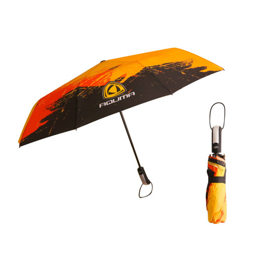 A folding ten-panel umbrella featuring a vibrant orange and black design, with a logo and a compact, matching case.