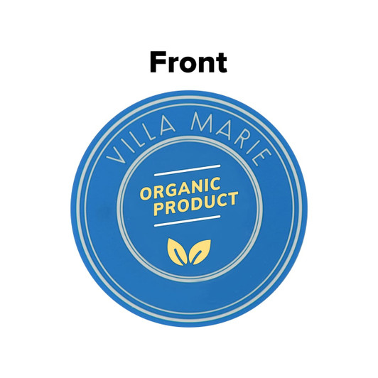 A round blue custom PVC coaster featuring a logo and the words "Organic Product" in the centre.