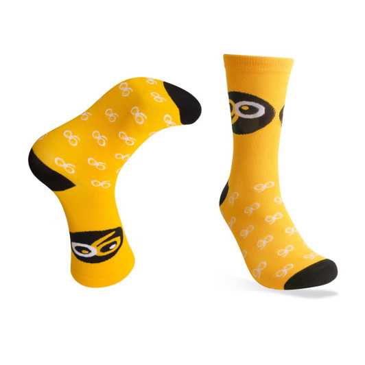 A pair of yellow bamboo socks with a playful glasses pattern and black accents. Featuring a logo on one sock.