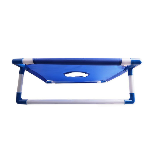 A portable cornhole game board in blue and white with a handle for easy transport. It features a sturdy frame.