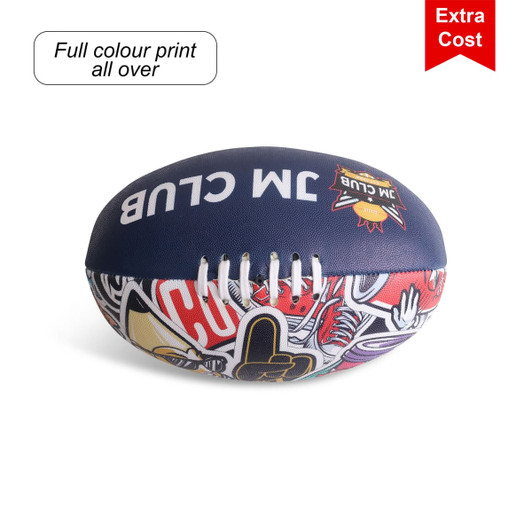 A training ball with full-colour print, featuring a mix of blue, red, and other vibrant designs. Includes a logo.