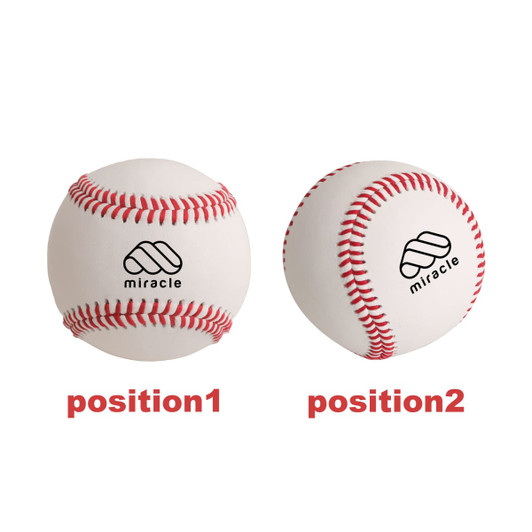 A training baseball pair with white bodies and red stitching, featuring a logo on each ball.