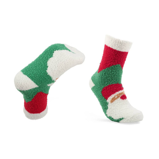 A pair of crew socks featuring a coral fleece design in red, green, and white, with a branding logo.