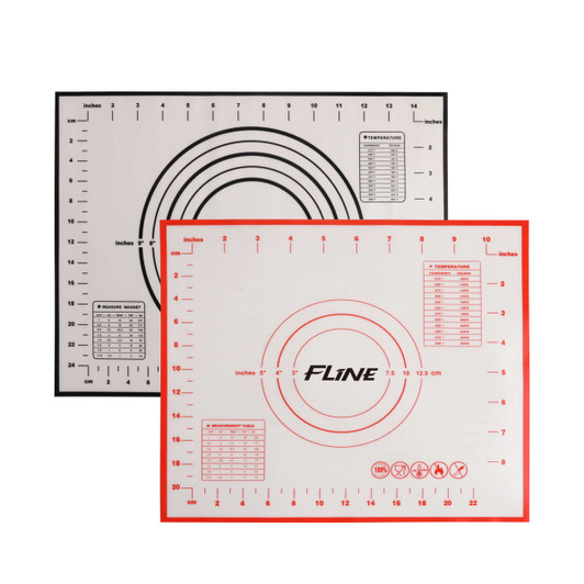 A silicone pastry mat in black and red featuring measurement markings and a logo.