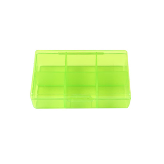 A square, translucent green pill box with six compartments and a secure closing mechanism.