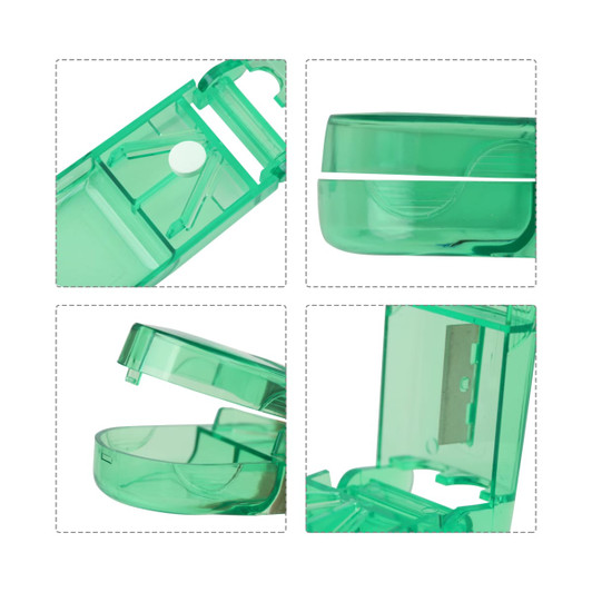 A green pill box with a cutter, featuring a transparent design and a hinged opening mechanism.