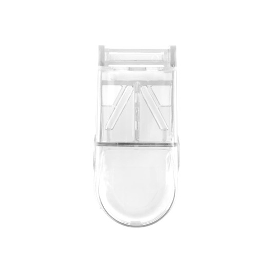 A clear pill box with a cutter, featuring compartments and a hinged lid. Ideal for securely storing medication.