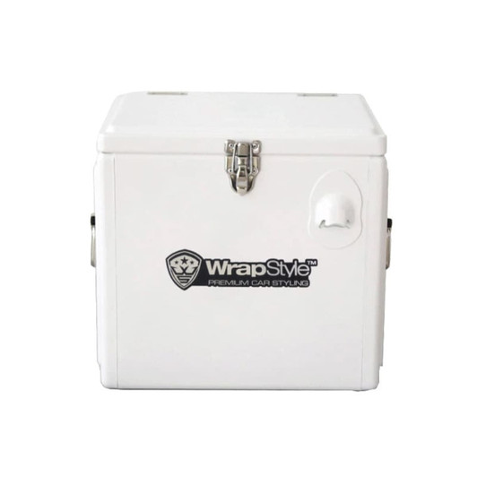 A white metal cooler box with a locking mechanism and a side handle. It features a logo on the front.