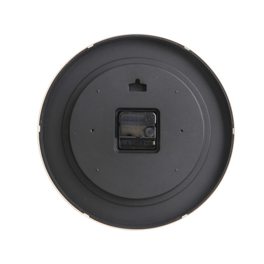 A round wall clock with a wood grain finish and a black back. It features a small rectangular battery compartment.