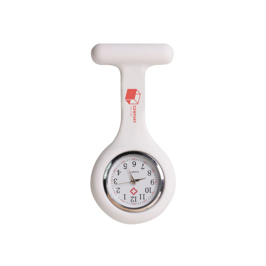 A white silicone nurse watch with a circular face and a logo on the side.