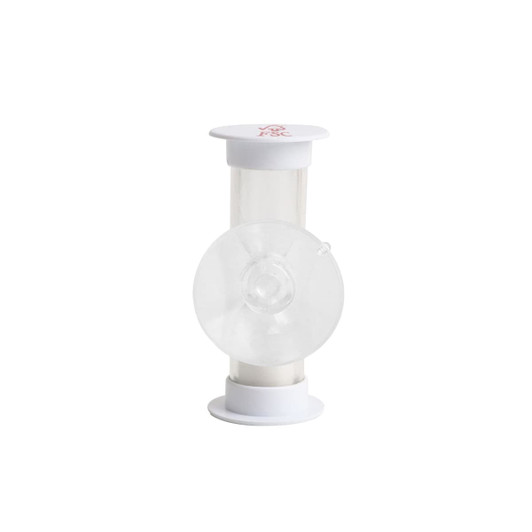 A white three-minute sand timer with a clear body and rounded ends, featuring a small logo on top.