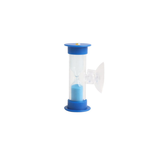 A blue sand timer with a clear hourglass design, featuring sand that flows for three minutes.