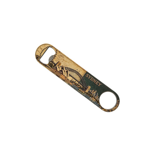 A drink bottle opener featuring vibrant artwork of Sydney’s skyline, including the Sydney Opera House, and a logo.