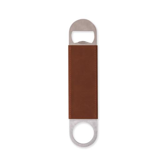 A drink bottle opener featuring a stainless steel end and a brown leather grip, with a logo on the leather.