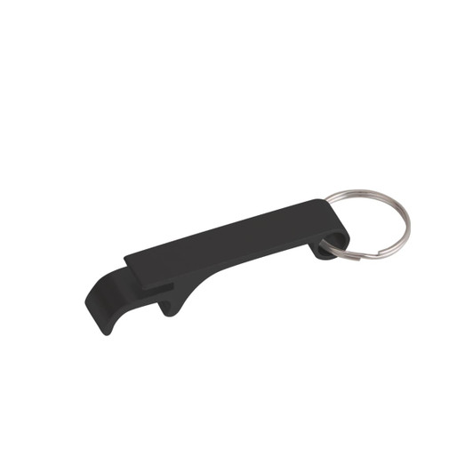 A black aluminium keyring bottle opener with a metal keyring attached. It features a simple, sleek design.