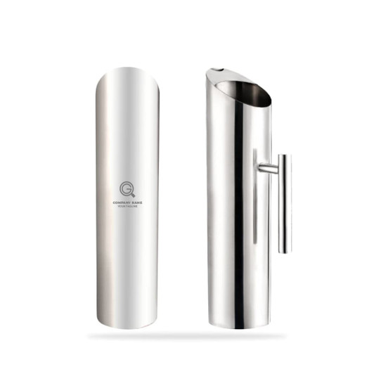 A stainless steel pitcher with a sleek design and a logo on the side. Suitable for serving beverages.