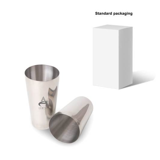 A stainless steel Boston cocktail shaker in silver, consisting of two attached sections, alongside standard packaging.