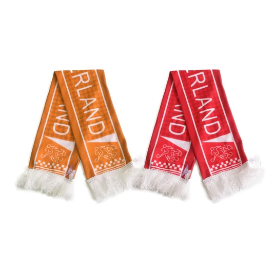Two scarves in orange and red with white fringing, featuring a logo and text design.