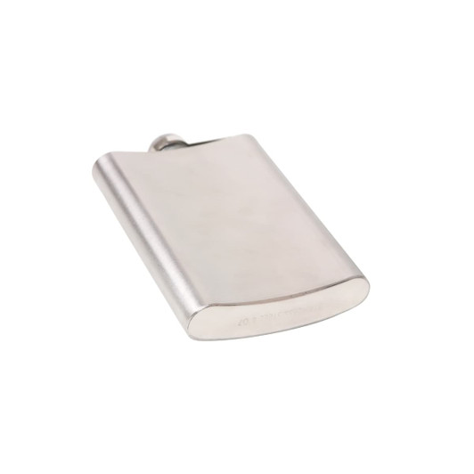 A stainless steel hip flask with a sleek, polished finish and a rounded edge, featuring a logo.