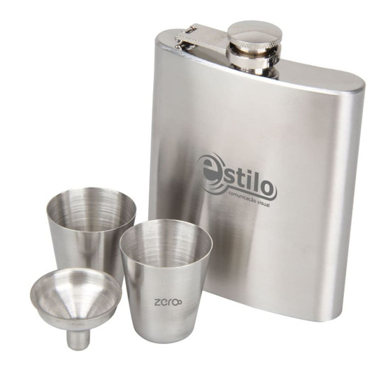 A stainless steel hip flask set featuring a flask, two shot cups, and a funnel, all in a polished finish.