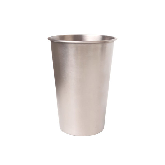 A stainless steel cup with a sleek, brushed finish, featuring a simple design and no visible branding.