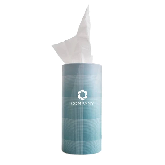 A cylindrical tissue dispenser in light blue with a logo, featuring soft white tissues protruding from the top.