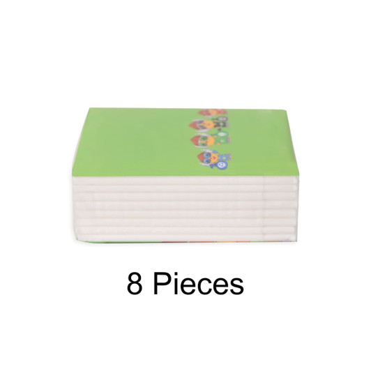 A pack of green pocket tissues featuring playful cartoon characters, containing eight pieces.