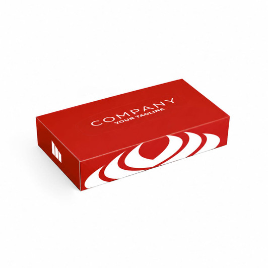 A red tissue box featuring a logo and decorative design on the front.