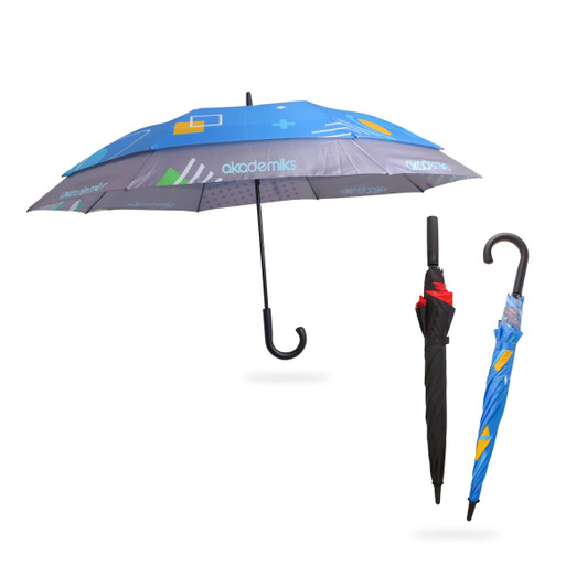 A blue expandable golf umbrella, featuring a hook handle and geometric patterns, displayed alongside a closed black umbrella.
