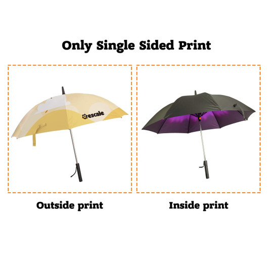 A sport umbrella in yellow and black, featuring a fan and a logo, with inside and outside prints visible.