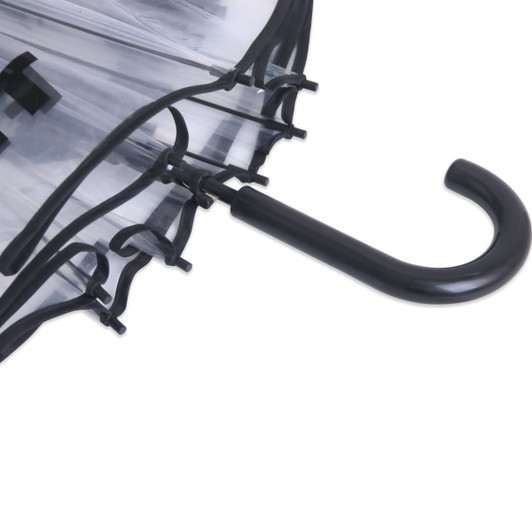 A transparent eight-panel umbrella with a black handle and supports. Features a sleek, modern design.