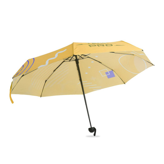 A yellow mini folding umbrella featuring various abstract patterns and a black handle, with a logo design.
