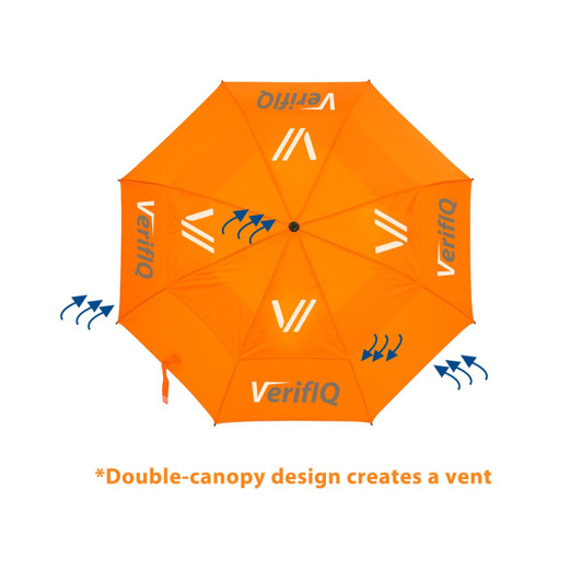 An orange sports umbrella featuring a double-canopy design and a logo.