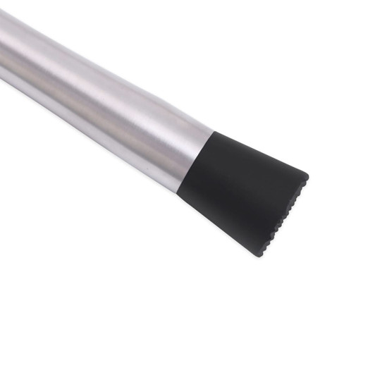 A short stainless steel cocktail muddler with a black rubber end, featured on a white background.