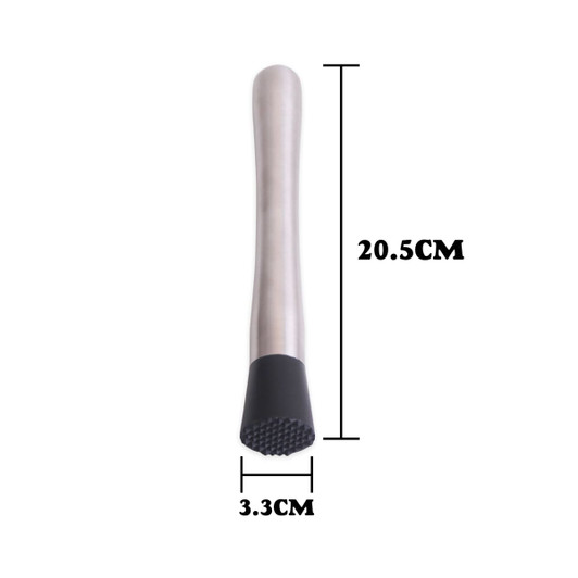 A short stainless steel cocktail muddler with a black rubber base, measuring 20.5 cm in length and 3.3 cm in width.