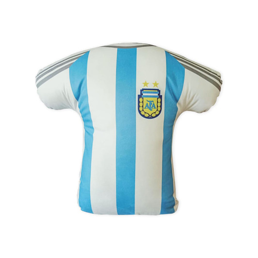 A custom pillow resembling a football jersey in light blue and white stripes, featuring a logo on the front.