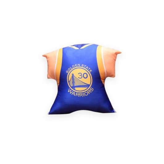 A custom pillow designed like a basketball jersey, featuring blue and orange colours with a logo.