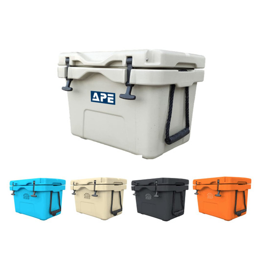A cooler box in beige with blue, orange, black, and aqua options. Features a logo on the front and a handle.