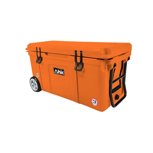 An orange 75L cooler box with wheels and a black handle, featuring a logo on the side.