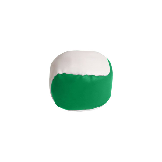 A green and white Hacky Sack with a smooth, rounded shape and a logo on one side.