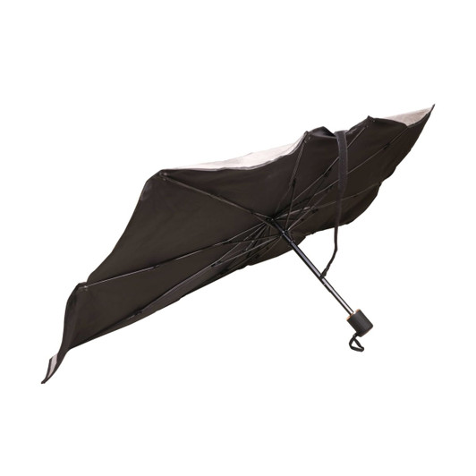 A black small car shade umbrella with a metal frame and handle, featuring a logo on the fabric.