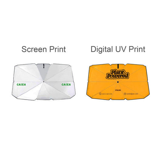 A small car shade umbrella featuring two designs: one in white with green text and another in yellow with a plant graphic.