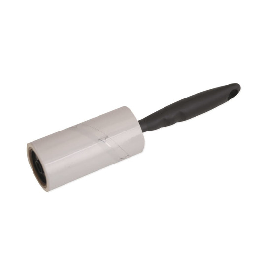 A lint remover with a black handle and a roll of sticky paper for removing lint and hair.