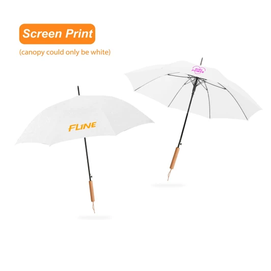 A white RPET umbrella with a straight handle and a wooden grip, featuring screen-printed designs on the canopy.